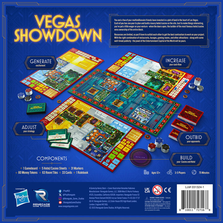 Renegade Game Studios: Vegas Showdown - Bidding & Strategy Board Game, Build The Most Famous Hotel/Casino, Family Ages 12+, 3-5 Players, 75 Min