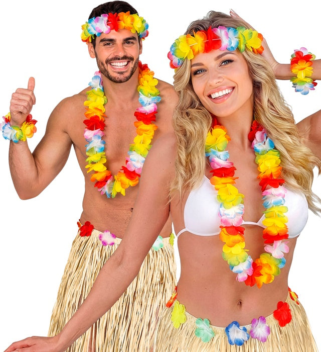 Deluxe Multicolor Hawaiian Set  Lei, Crown, Bracelet 