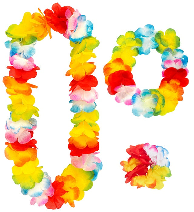 Deluxe Multicolor Hawaiian Set  Lei, Crown, Bracelet 