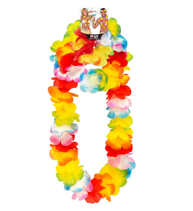 Deluxe Multicolor Hawaiian Set  Lei, Crown, Bracelet 