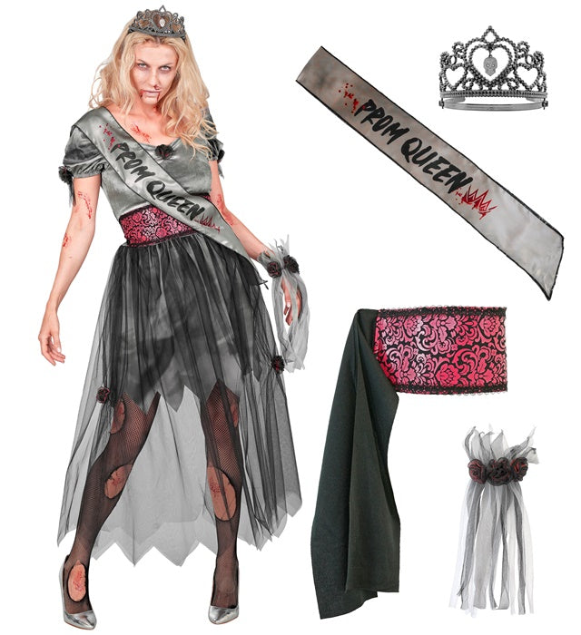 Zombie Prom Queen  Dress, Belt, Sash, Tiara, Wrist Corsage 