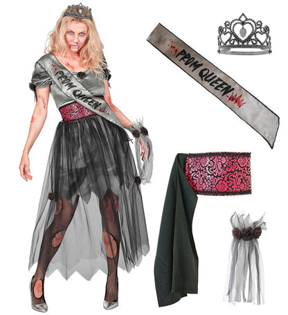 Zombie Prom Queen  Dress, Belt, Sash, Tiara, Wrist Corsage 