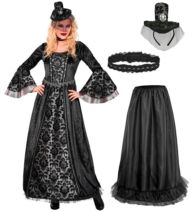 Dark Countess  Dress, Hoop Petticoat, Choker, Mini Hat With Veil 
