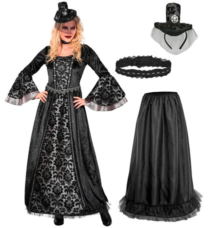 Dark Countess  Dress, Hoop Petticoat, Choker, Mini Hat With Veil 