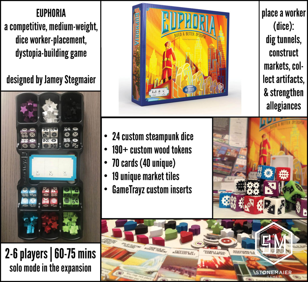 Stonemaier Games: Euphoria: Build a Better Dystopia (Base Game) | Competitive Dice Worker Placement Strategy Board Game | for Adults and Family | 2-6 Players, 60 Mins, Ages 14+