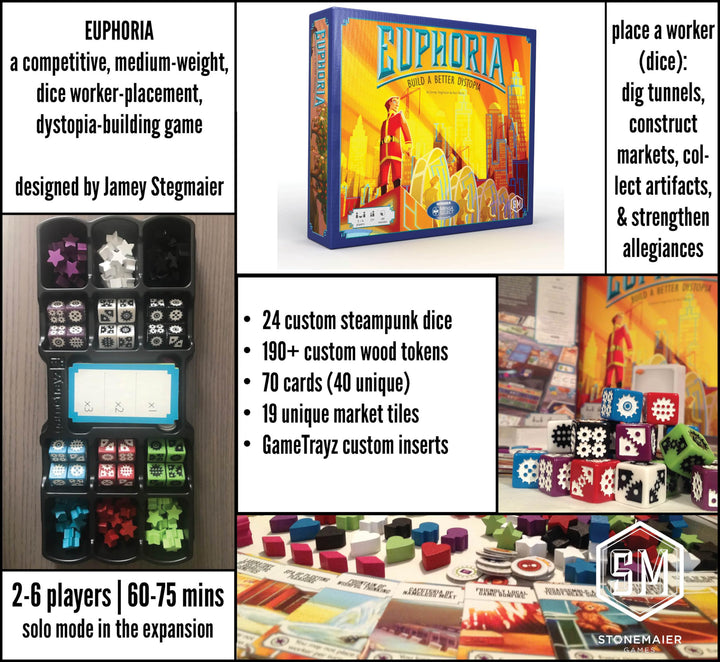 Stonemaier Games: Euphoria: Build a Better Dystopia (Base Game) | Competitive Dice Worker Placement Strategy Board Game | for Adults and Family | 2-6 Players, 60 Mins, Ages 14+
