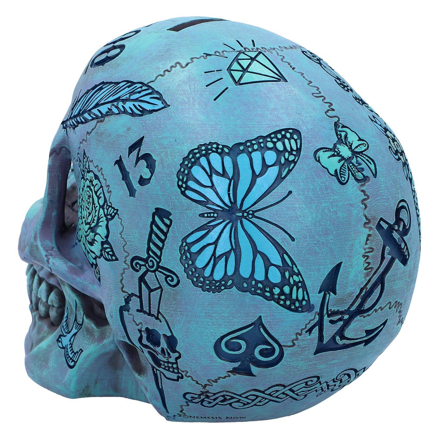 Aqua Blue Traditional Tribal Tattoo Fund Skull Money Box 3