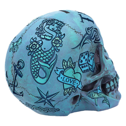Aqua Blue Traditional Tribal Tattoo Fund Skull Money Box 8