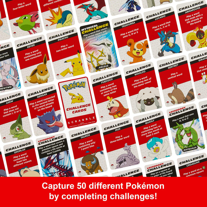 Mattel Games Scrabble Pokémon Board Game, Family Word Game with Two Ways to Play, includes 50 Challenge Cards featuring Pokémon characters for 2-4 Players, UK Version, HXB94