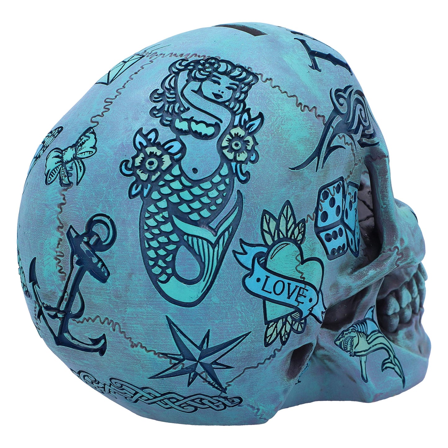 Aqua Blue Traditional Tribal Tattoo Fund Skull Money Box 5