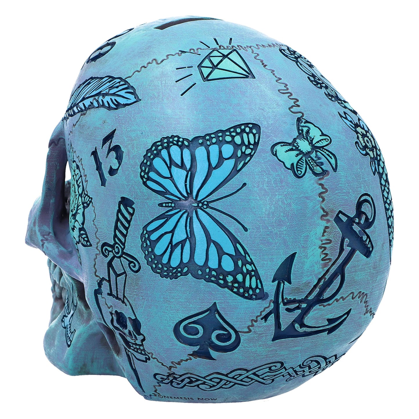 Aqua Blue Traditional Tribal Tattoo Fund Skull Money Box 7