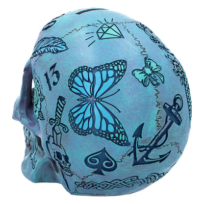 Aqua Blue Traditional Tribal Tattoo Fund Skull Money Box 7