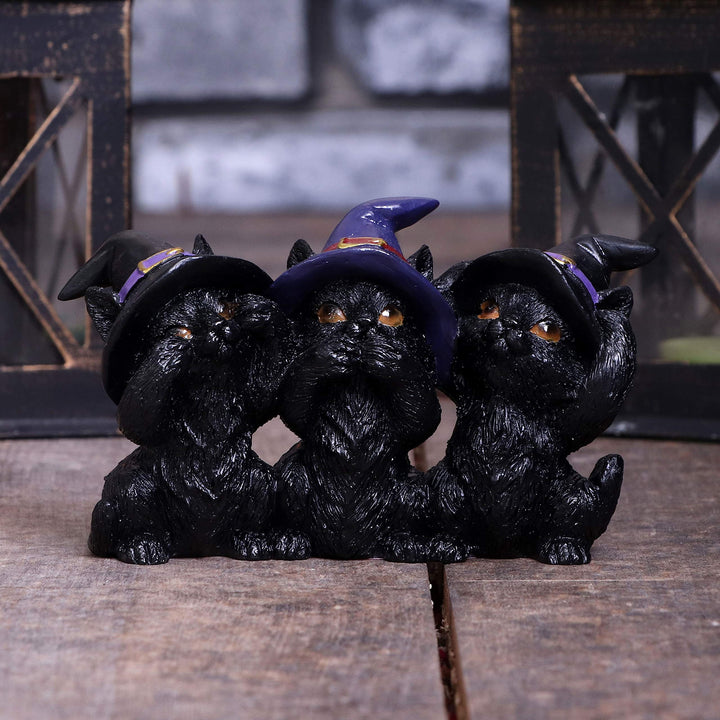Three Wise Black Cats See No Hear Speak Evil Familiar Figurine 11.5cm
