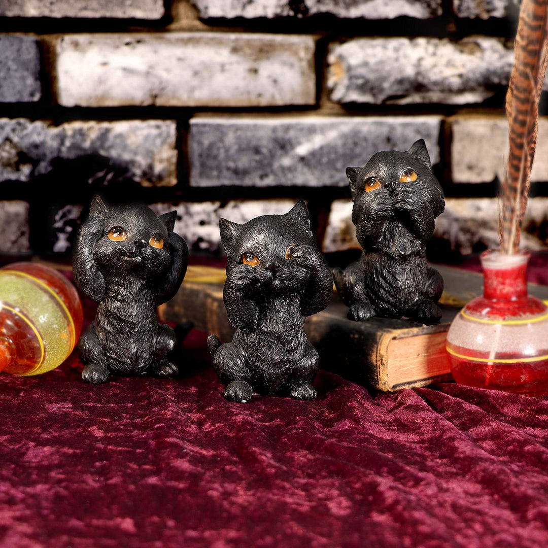 Three Wise Kitties See No Hear Speak Evil Familiar Black Cats Figurine 8.8cm