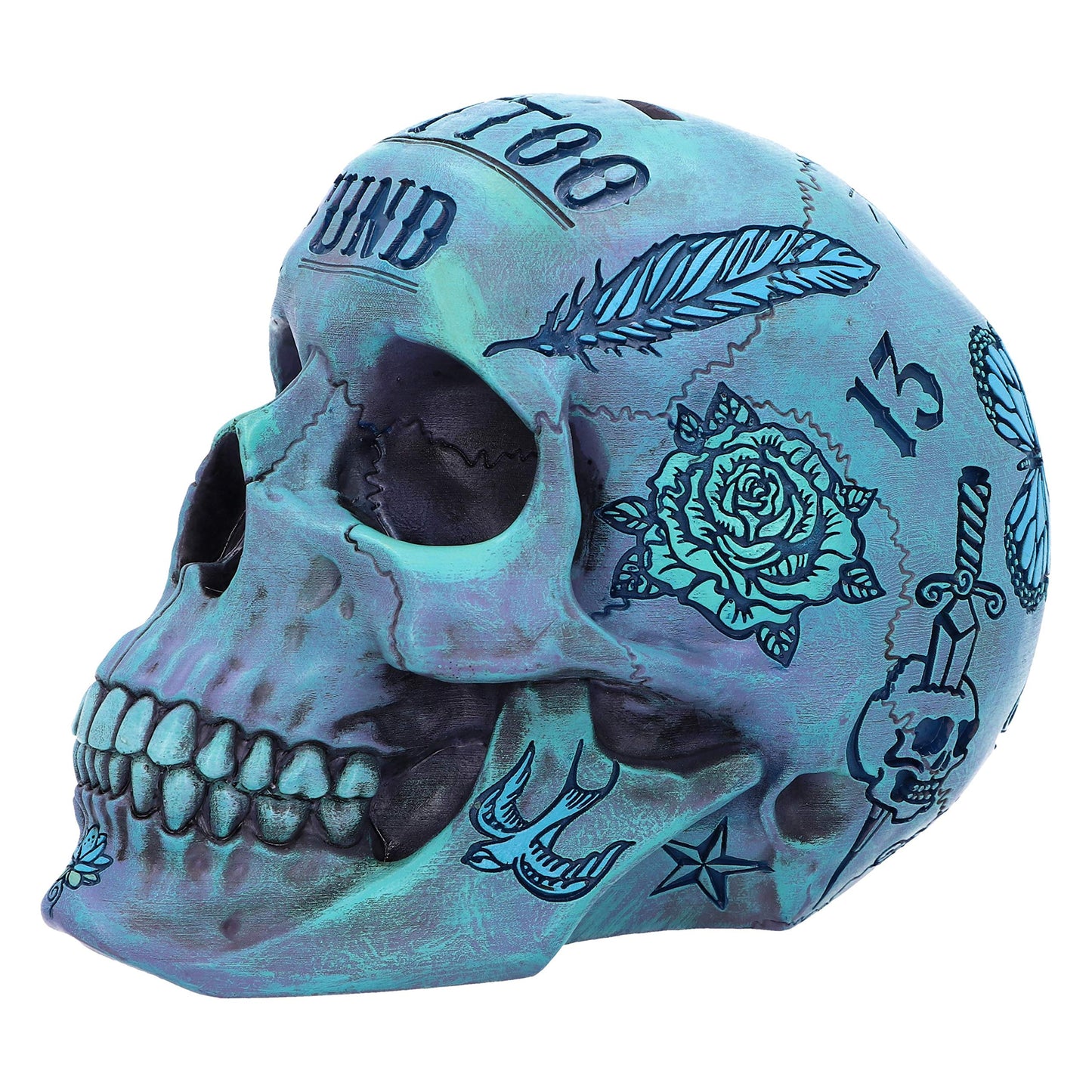 Aqua Blue Traditional Tribal Tattoo Fund Skull Money Box 6