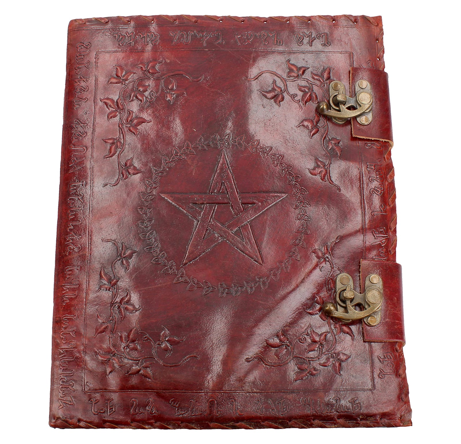 Large Lockable Red Leather Book of Shadow with Embossed Floral Pentagram 35cm 1
