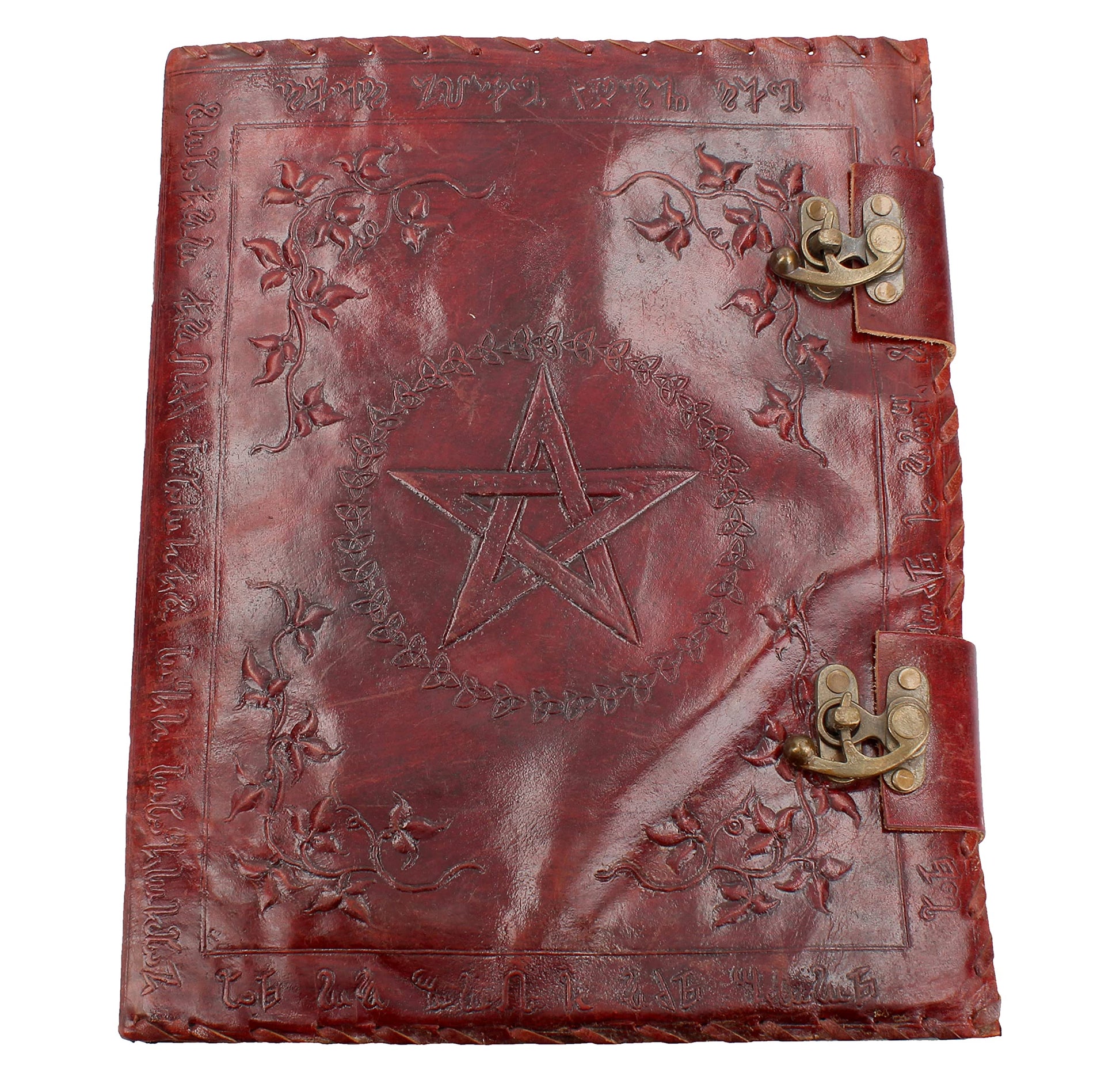 Large Lockable Red Leather Book of Shadow with Embossed Floral Pentagram 35cm 1
