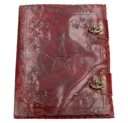 Large Lockable Red Leather Book of Shadow with Embossed Floral Pentagram 35cm 1
