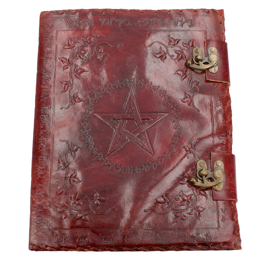 Large Lockable Red Leather Book of Shadow with Embossed Floral Pentagram 35cm 1
