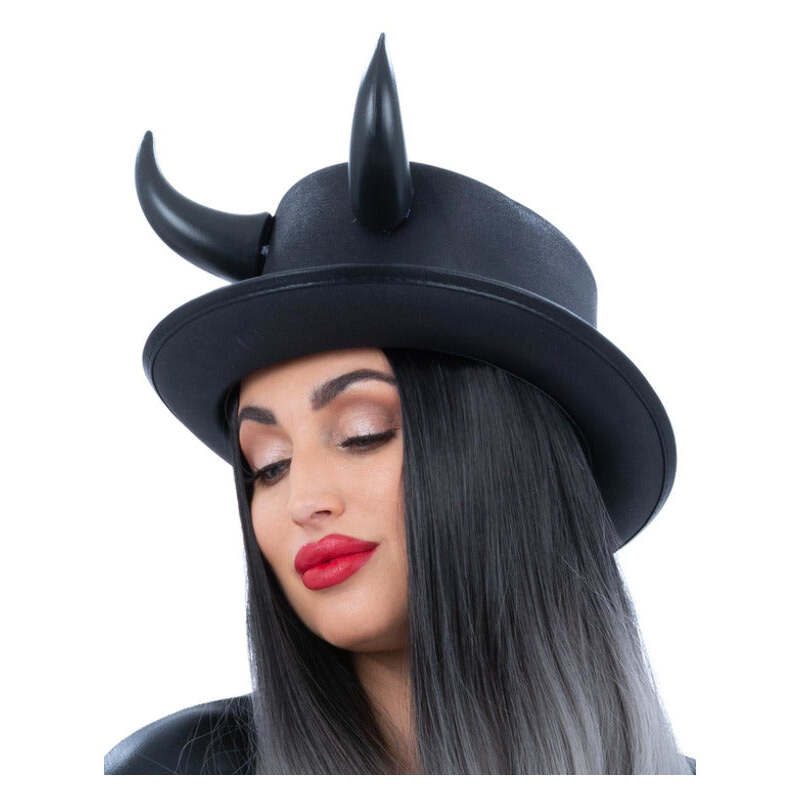 Black Devil Metallic Top Hat with Horns 1