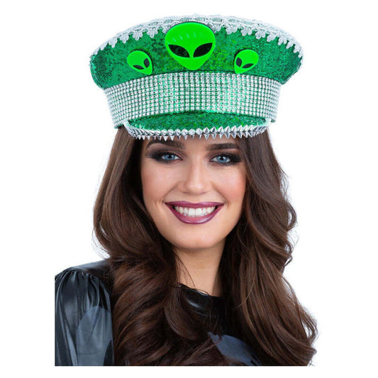 Alien Sequin Captains Hat Green Heads 1