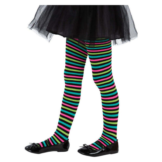 Kids Stripy Tights Neon and Black 1