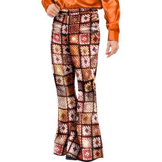 Mens 60s Vintage Crochet Print Flared Trousers 1