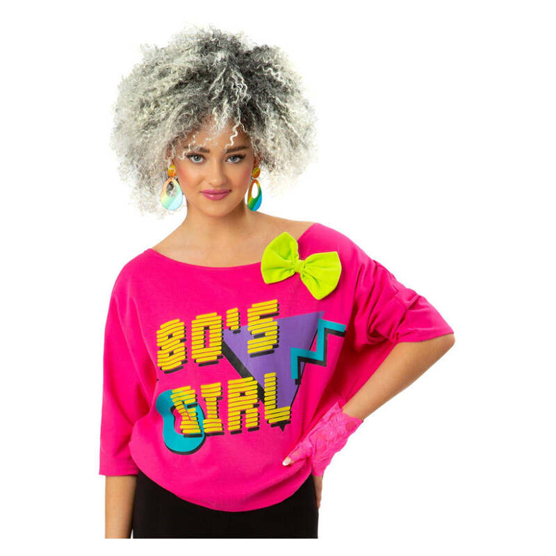 Ladies 1980s Printed Bat Wing Pink T-Shirt 1