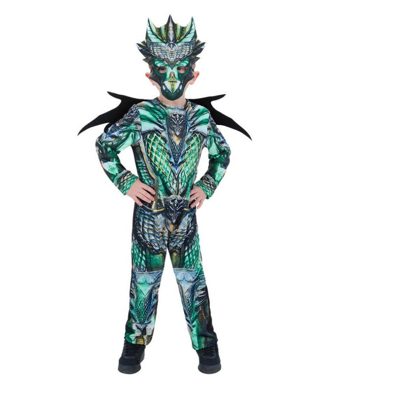Dragon Costume Kids Green Jumpsuit Mask with Wings 1