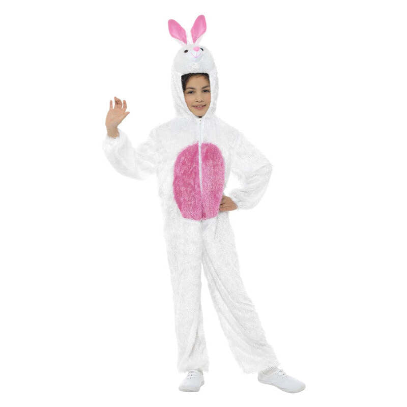 Bunny Costume Kids White Jumpsuit Hood with Pink Ears 1