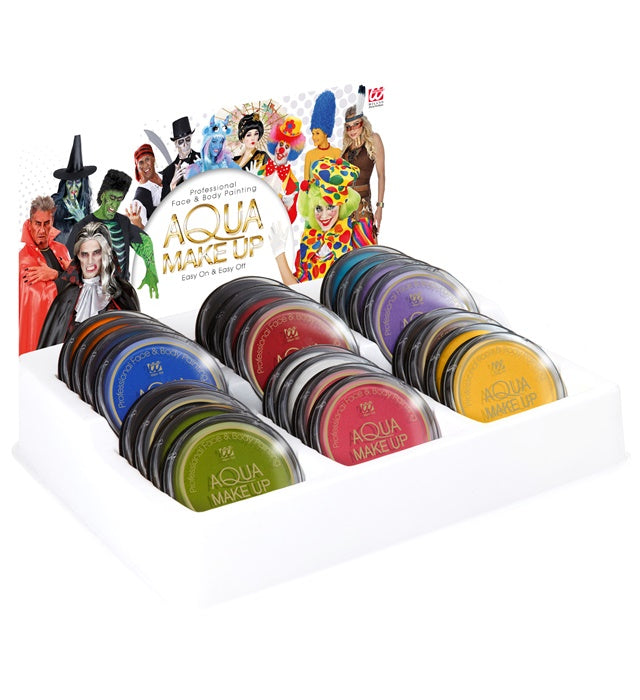 24 Aqua Makeup - 10 Ml - Display Of 24  2 X White, Black, Brown, Red, Fuchsia Pink, Sky Blue, Emerald Green, Purple, Blue, Yellow, Orange, Grey 