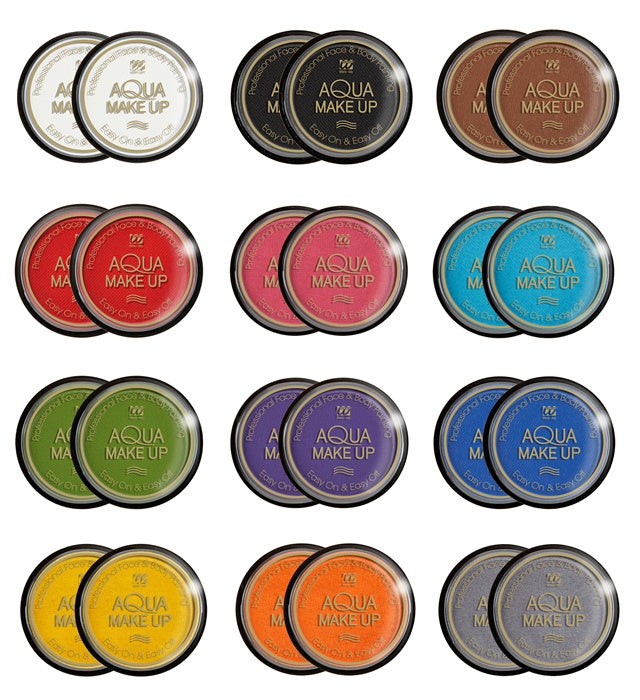 24 Aqua Makeup - 10 Ml - Display Of 24  2 X White, Black, Brown, Red, Fuchsia Pink, Sky Blue, Emerald Green, Purple, Blue, Yellow, Orange, Grey 