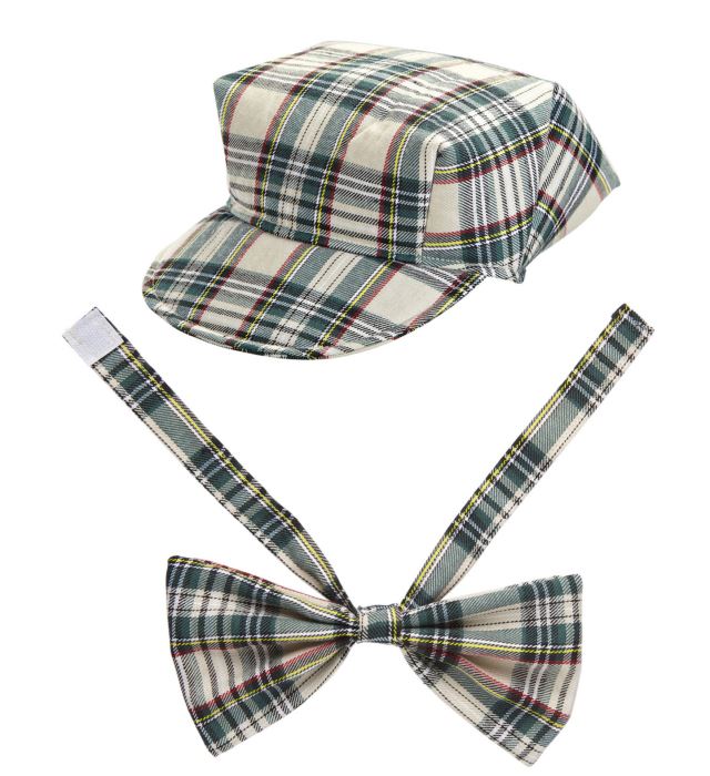 Beige Tartan Hat &amp; Bow Tie