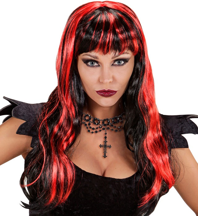 Red Streaked Black Halloween Wig In Polybag