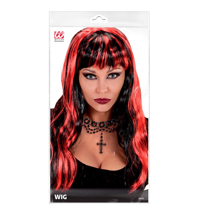 Red Streaked Black Halloween Wig In Polybag