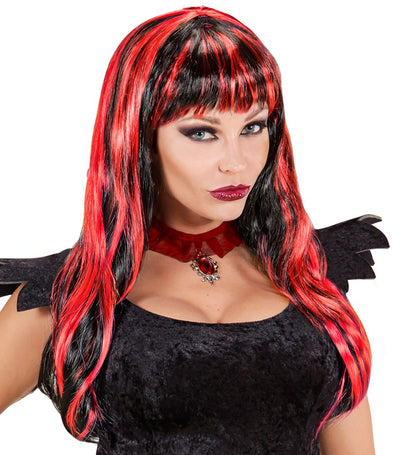 Red Streaked Black Halloween Wig In Polybag
