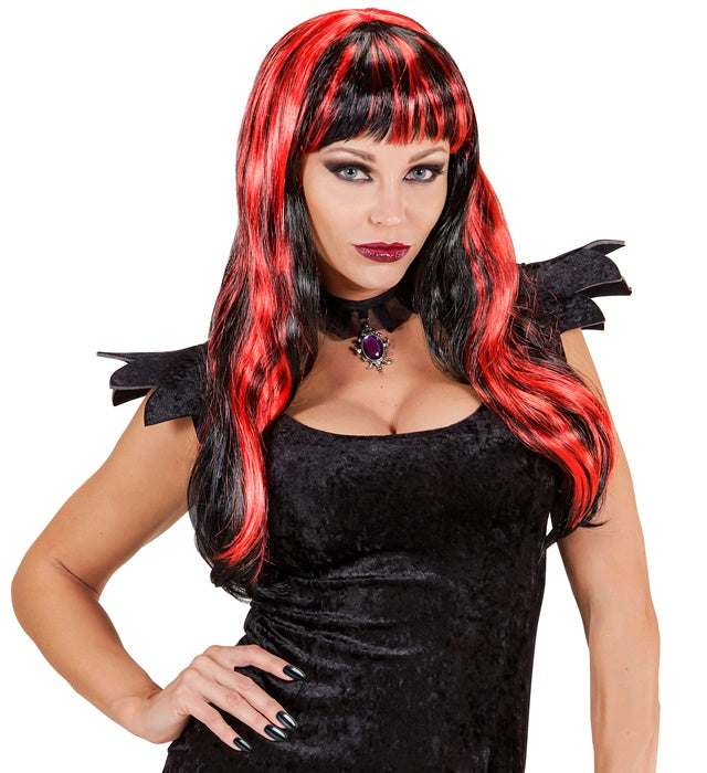 Red Streaked Black Halloween Wig In Polybag