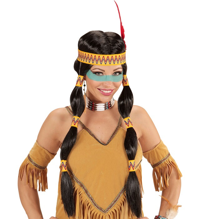Squaw Indian Wig With Headband & Feather In Box