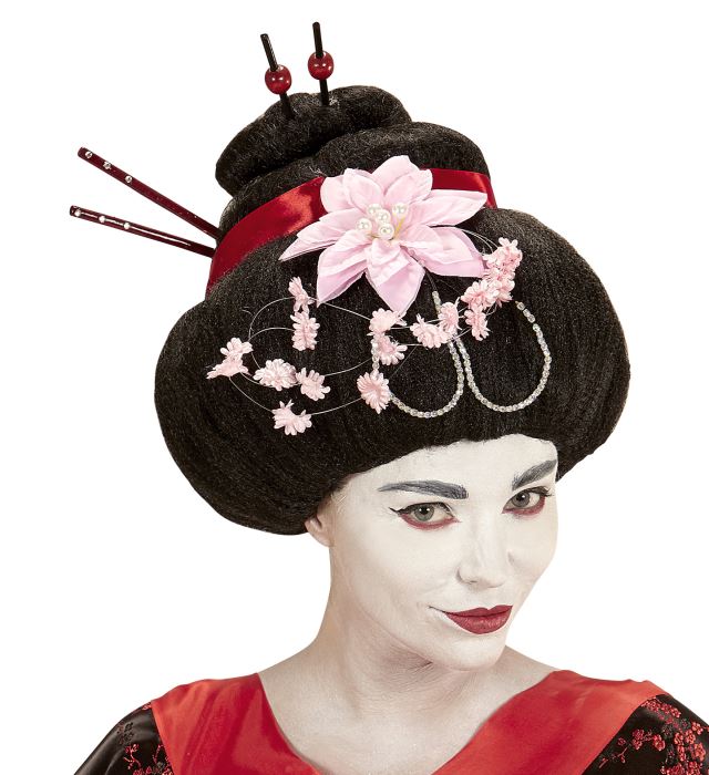 Geisha Wig With Flowers & Chopsticks In Box