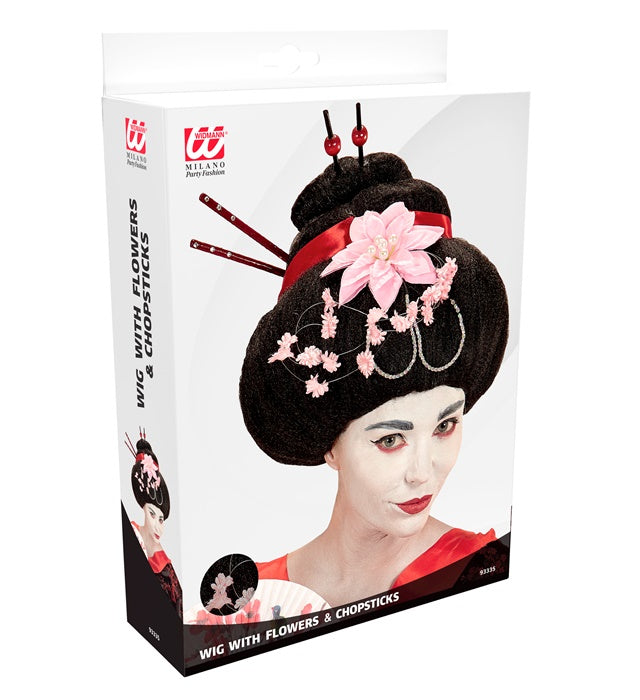 Geisha Wig With Flowers & Chopsticks In Box