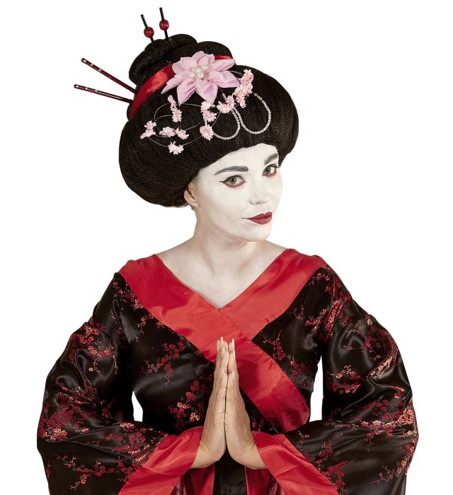 Geisha Wig With Flowers & Chopsticks In Box