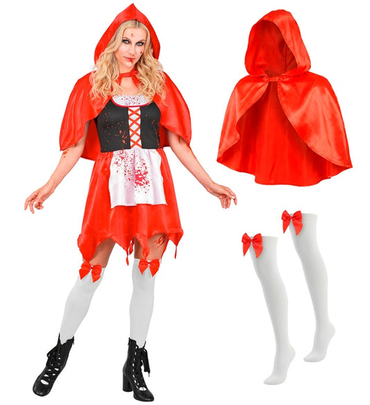 Zombie Red Capelet  Dress, Hooded Capelet, Bow Thigh Highs 