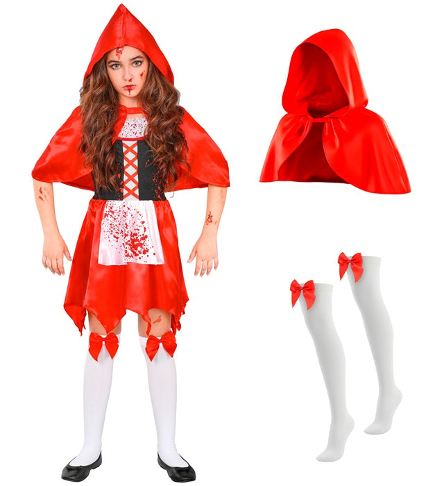 Zombie Red Capelet  Dress, Hooded Capelet, Bow Thigh Highs 