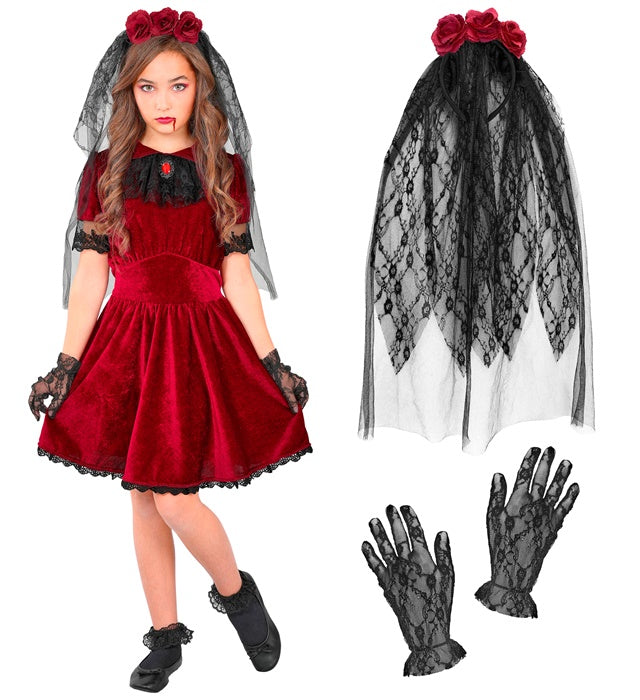 Gothic Vampire Bride  Dress, Flower Veil, Gloves 