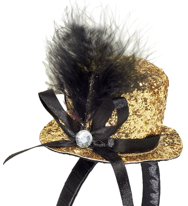 Mini  Top Hat With Feathers And Gemstone - Gold
