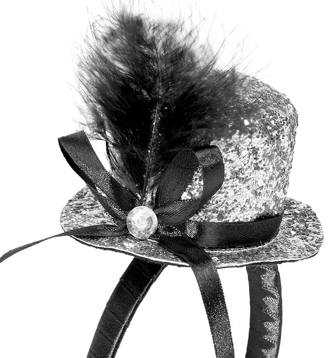 Mini  Top Hat With Feathers And Gemstone - Silver