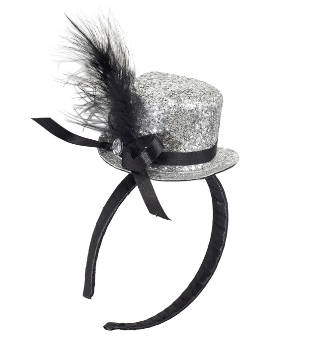 Mini  Top Hat With Feathers And Gemstone - Silver