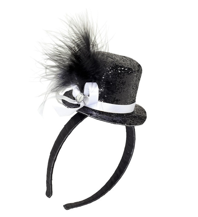 Mini  Top Hat With Feathers And Gemstone - Black