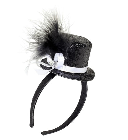 Mini  Top Hat With Feathers And Gemstone - Black