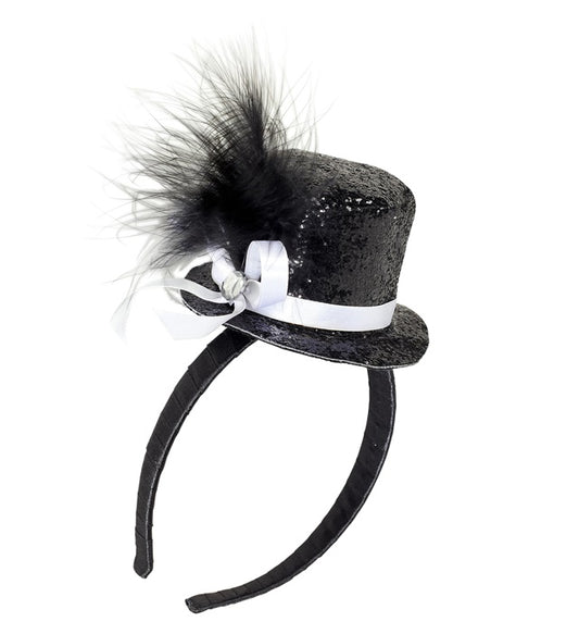 Mini  Top Hat With Feathers And Gemstone - Black